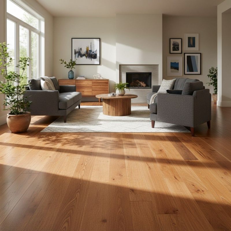 Finished hardwood floor in a bright living room